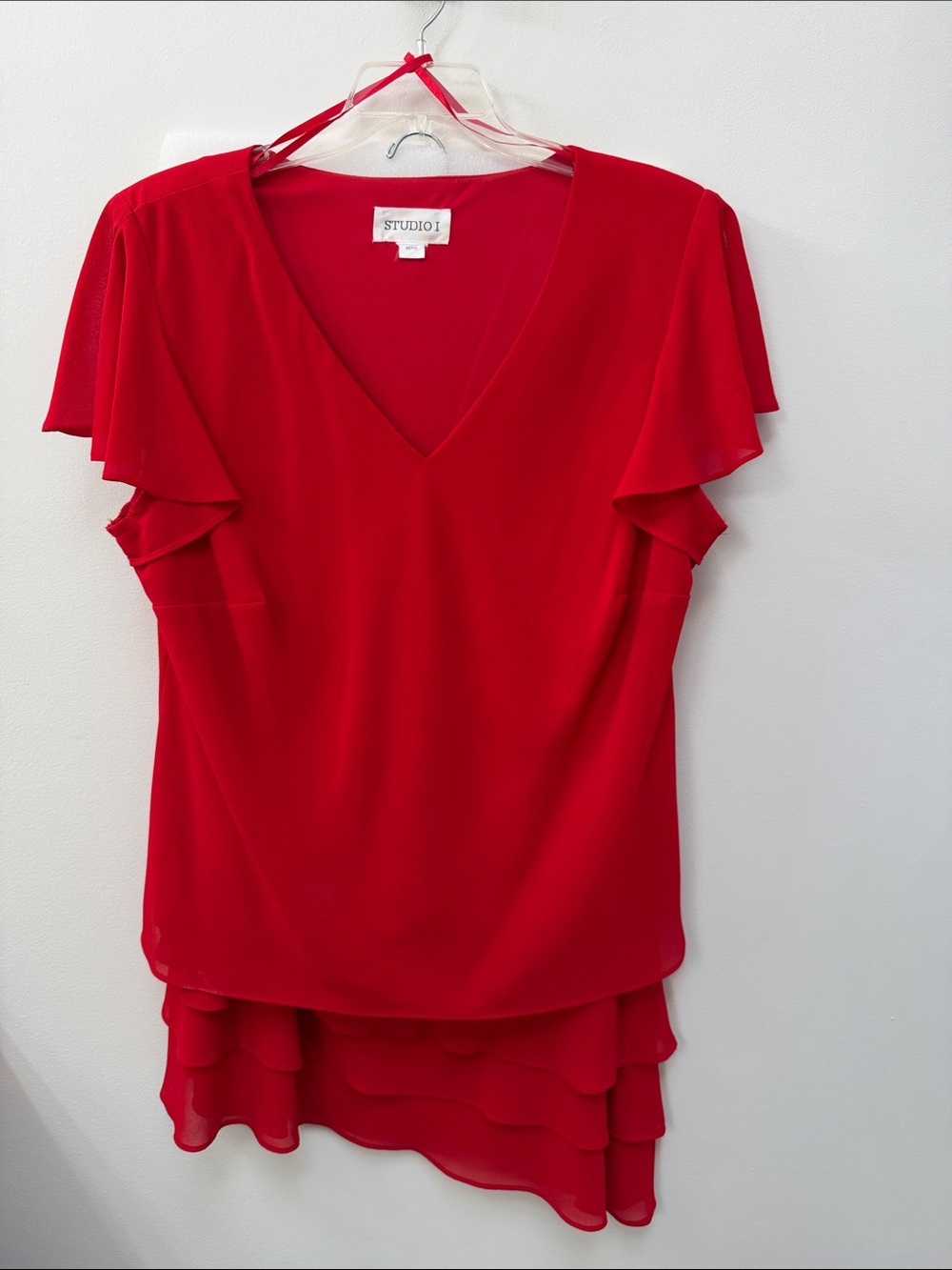 Studio 17 Bright Red V-Neck Flutter Sleeve Layered Hem 2 Piece set